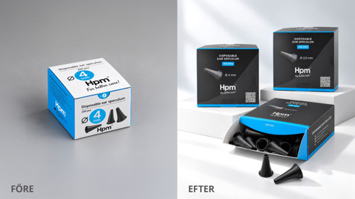Förpackningsdesign som visar förpackningar för HPM, före och efter
