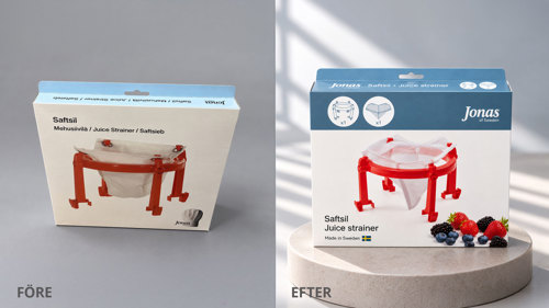Förpackning för saftsil åt DaloLindén, före- och efterbild